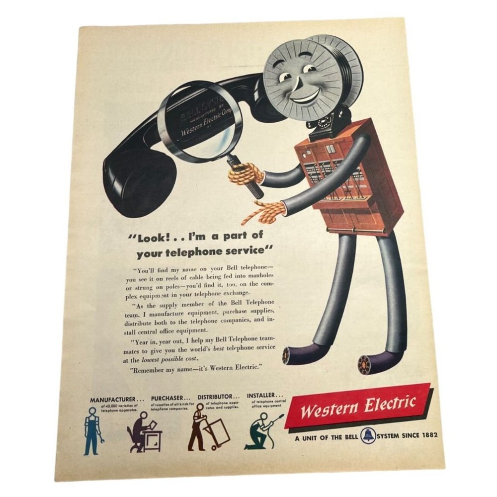 Vintage 1948 Western Electric Print Ad Bell System Telephone Service Color Ad